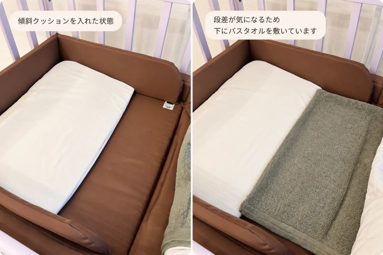 ファルスカの傾斜クッションの段差が気になるためバスタオルを敷いている様子