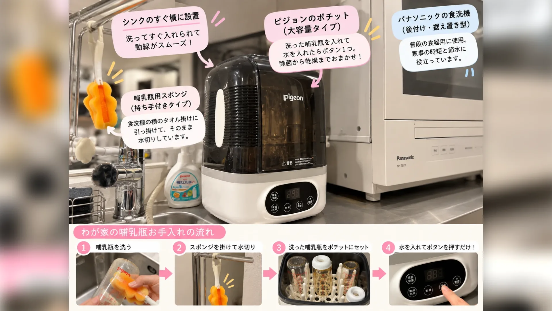 ピジョンのポチットをシンク横に設置したわが家の哺乳瓶洗浄・除菌スペースとお手入れの流れ
