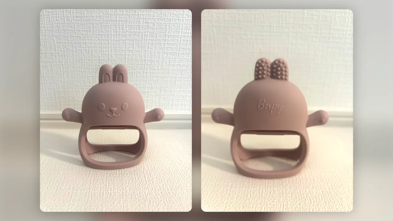 かみかみウサ（ピンク）の表と裏｜裏にはBerpyのロゴと耳のつぶつぶ