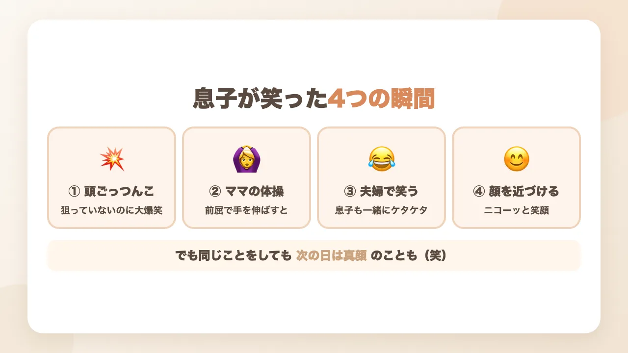 生後4か月の息子が笑った4つの瞬間|頭ごっつんこ・ママの体操・夫婦で笑う・顔を近づける