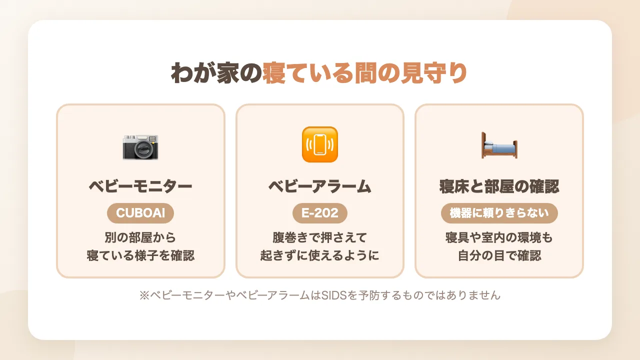 寝ている間の見守り|ベビーモニターCUBOAI・ベビーアラームE-202・寝床と部屋の確認